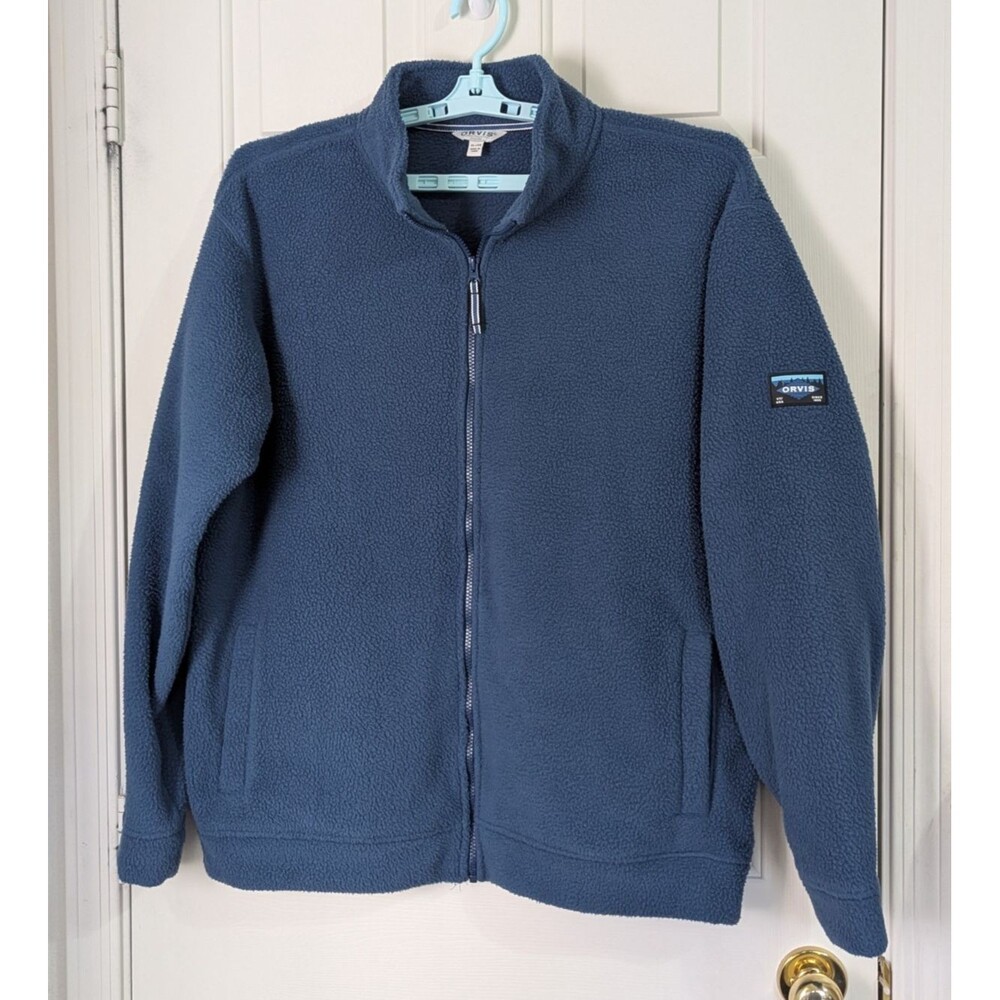 Orvis Fleece Full Zip Jacket Mens XL Blue Pockets Logo High Pile Sherpa Gorpcore